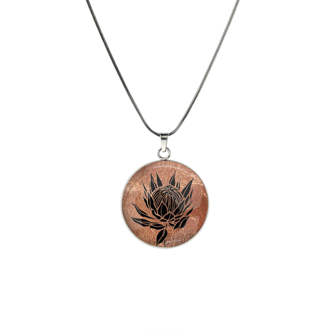 AUSTRALIAN NATIVE FLORA - PROTEA SUGARBUSH CIRCLE PENDANT ON A CHAIN NECKLACE - D927S - on Satchel