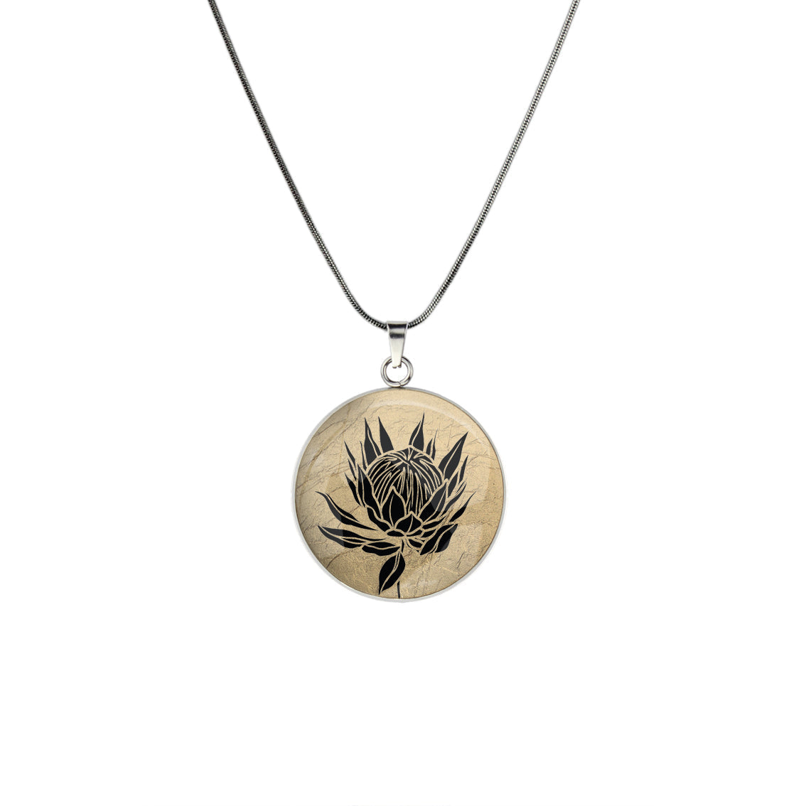 AUSTRALIAN NATIVE FLORA - PROTEA SUGARBUSH CIRCLE PENDANT ON A CHAIN NECKLACE - D927S - on Satchel