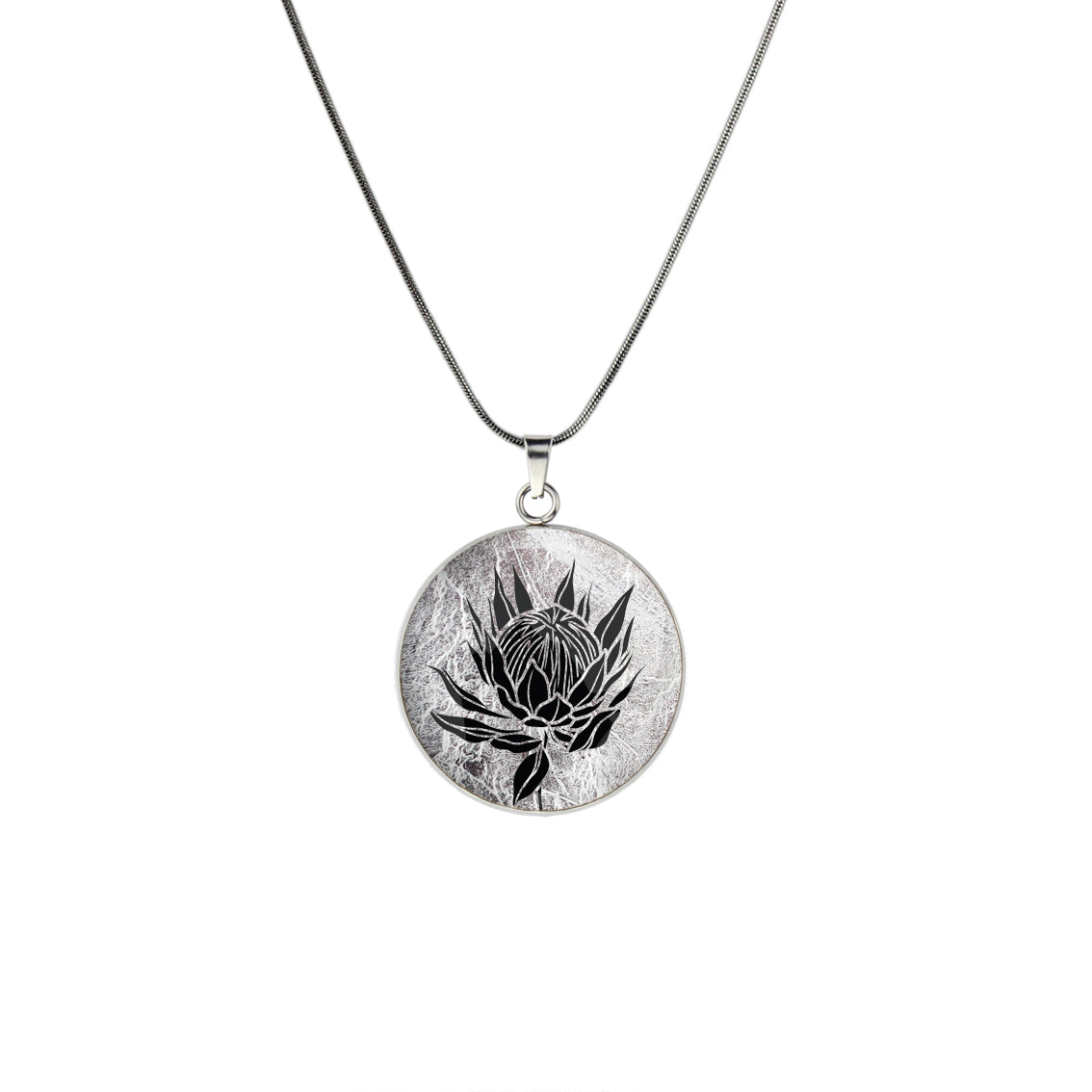 AUSTRALIAN NATIVE FLORA - PROTEA SUGARBUSH CIRCLE PENDANT ON A CHAIN NECKLACE - D927 - in Circle Box