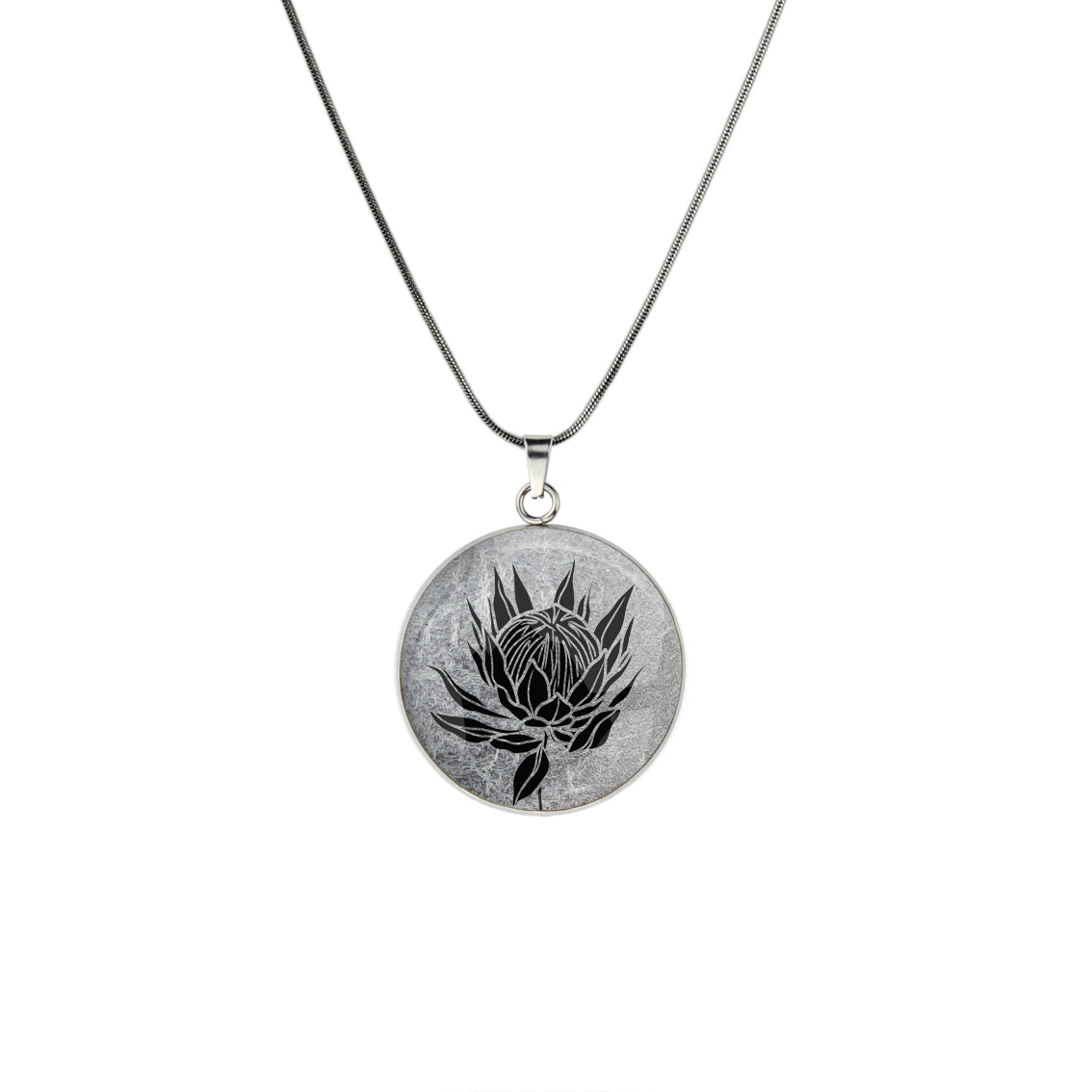 AUSTRALIAN NATIVE FLORA - PROTEA SUGARBUSH CIRCLE PENDANT ON A CHAIN NECKLACE - D927S - on Satchel