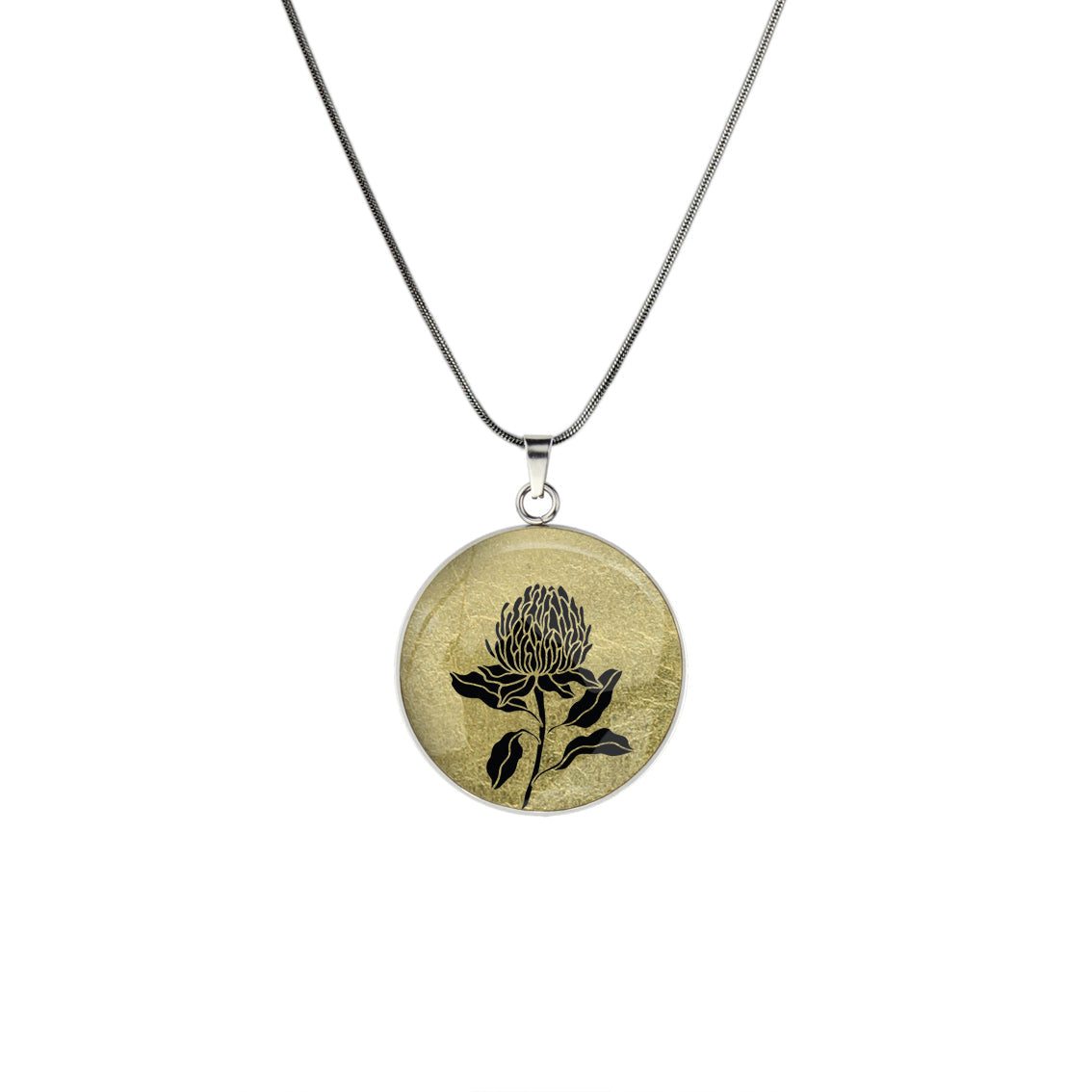 AUSTRALIAN NATIVE FLORA - WARATAH TELOPEA CIRCLE PENDANT ON A CHAIN NECKLACE  - D935S - on Satchel