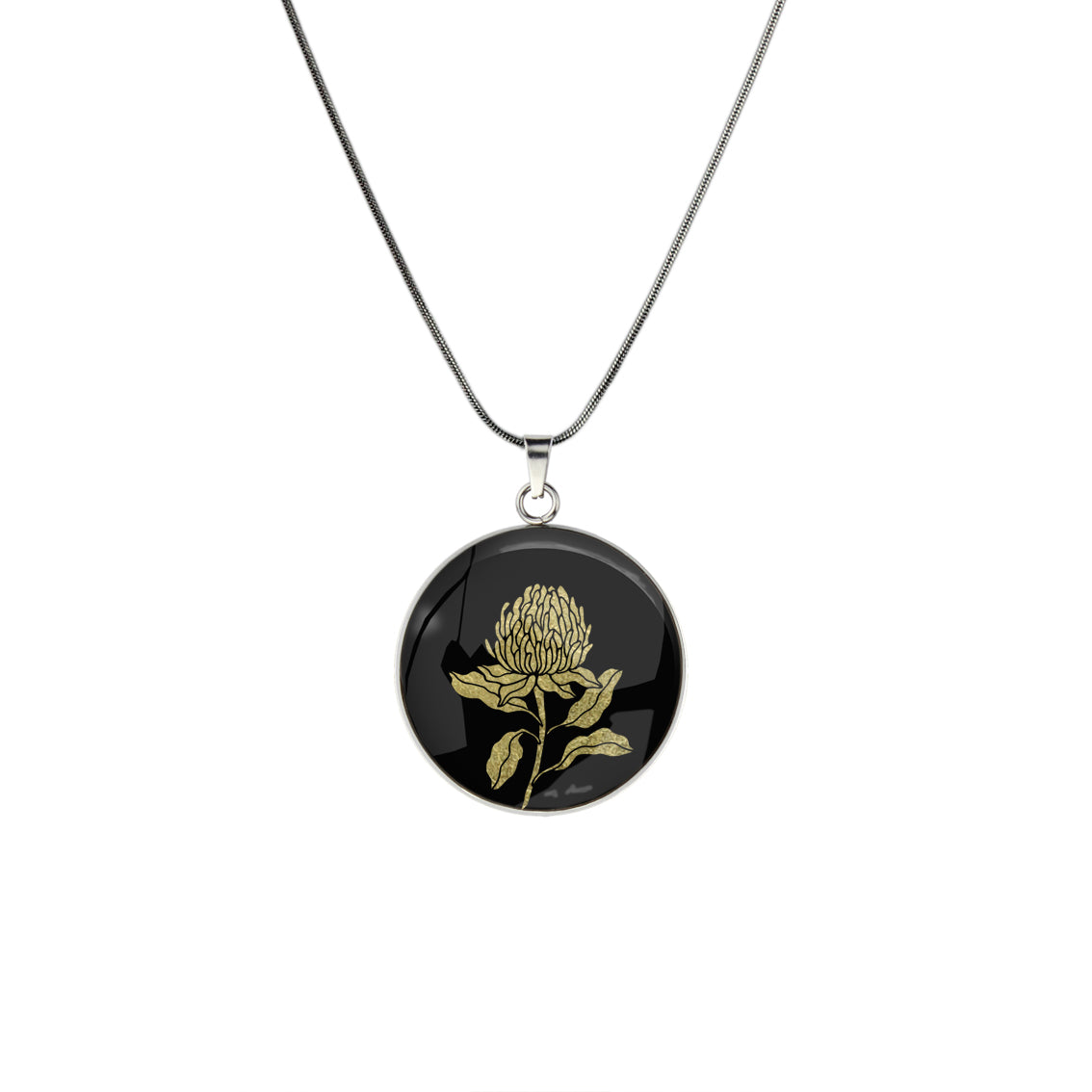 AUSTRALIAN NATIVE FLORA - WARATAH TELOPEA CIRCLE PENDANT ON A CHAIN NECKLACE  - D935S - on Satchel