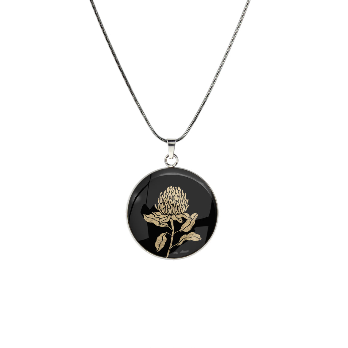 AUSTRALIAN NATIVE FLORA - WARATAH TELOPEA CIRCLE PENDANT ON A CHAIN NECKLACE  - D935 - in Circle Box