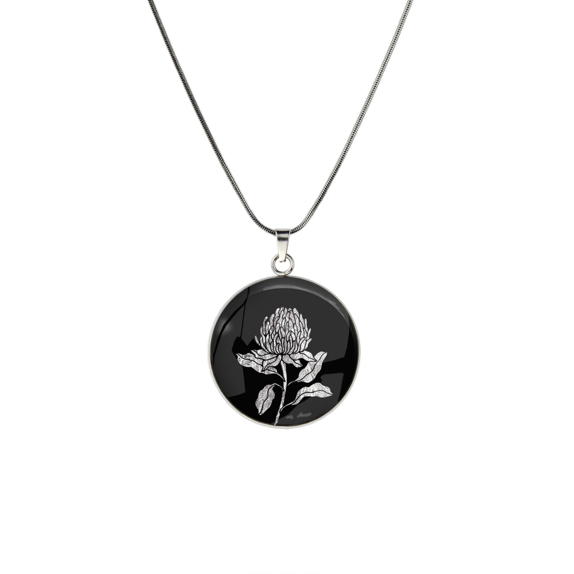 AUSTRALIAN NATIVE FLORA - WARATAH TELOPEA CIRCLE PENDANT ON A CHAIN NECKLACE  - D935S - on Satchel