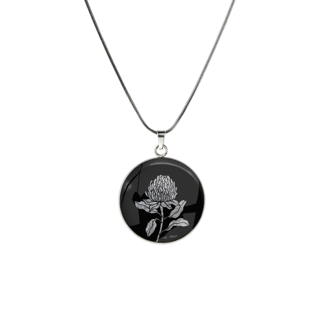 AUSTRALIAN NATIVE FLORA - WARATAH TELOPEA CIRCLE PENDANT ON A CHAIN NECKLACE  - D935 - in Circle Box