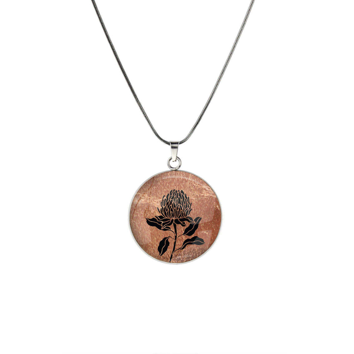 AUSTRALIAN NATIVE FLORA - WARATAH TELOPEA CIRCLE PENDANT ON A CHAIN NECKLACE  - D935 - in Circle Box