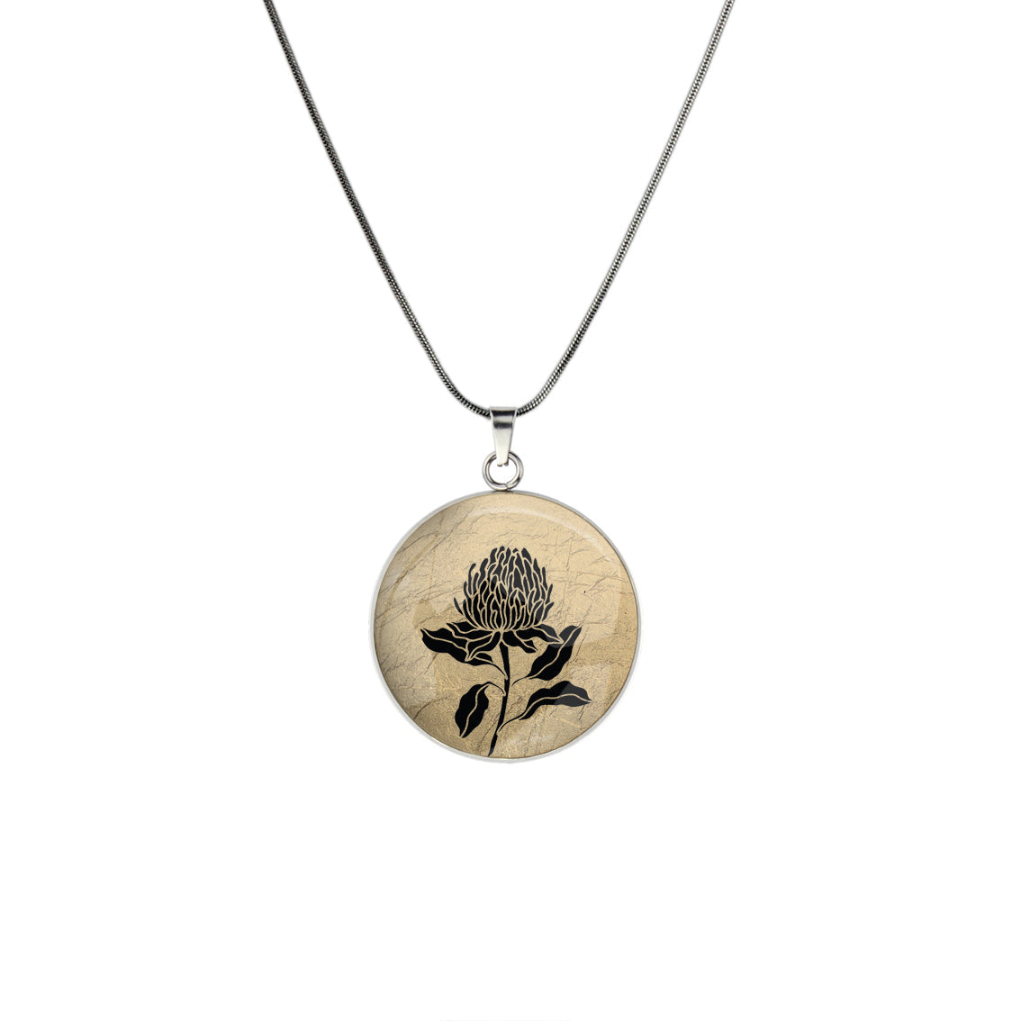 AUSTRALIAN NATIVE FLORA - WARATAH TELOPEA CIRCLE PENDANT ON A CHAIN NECKLACE  - D935 - in Circle Box