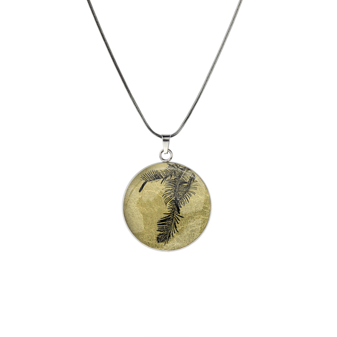 AUSTRALIAN NATIVE FLORA - WOLLEMI PINE CIRCLE PENDANT ON A CHAIN NECKLACE - D939S - on Satchel