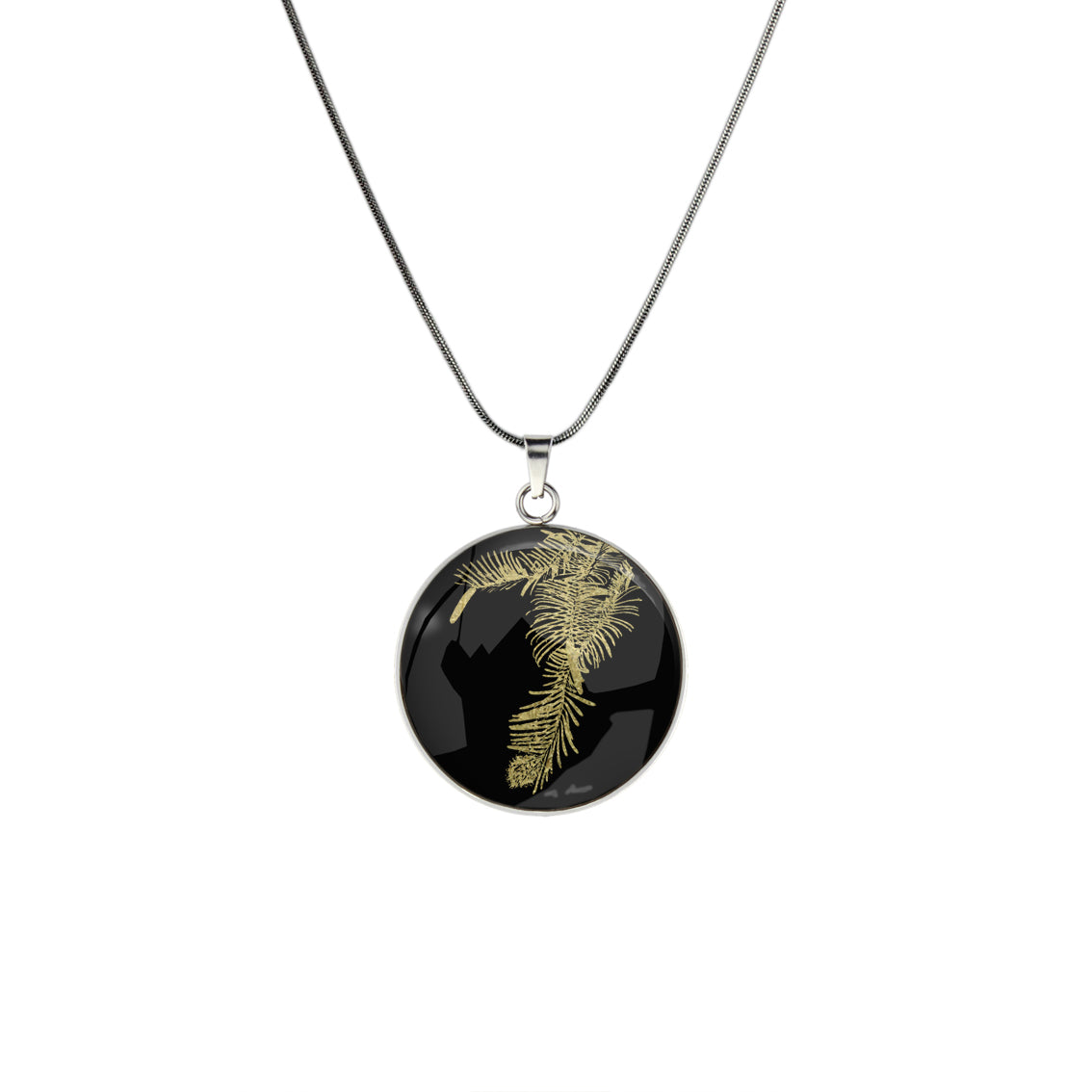 AUSTRALIAN NATIVE FLORA - WOLLEMI PINE CIRCLE PENDANT ON A CHAIN NECKLACE - D939S - on Satchel