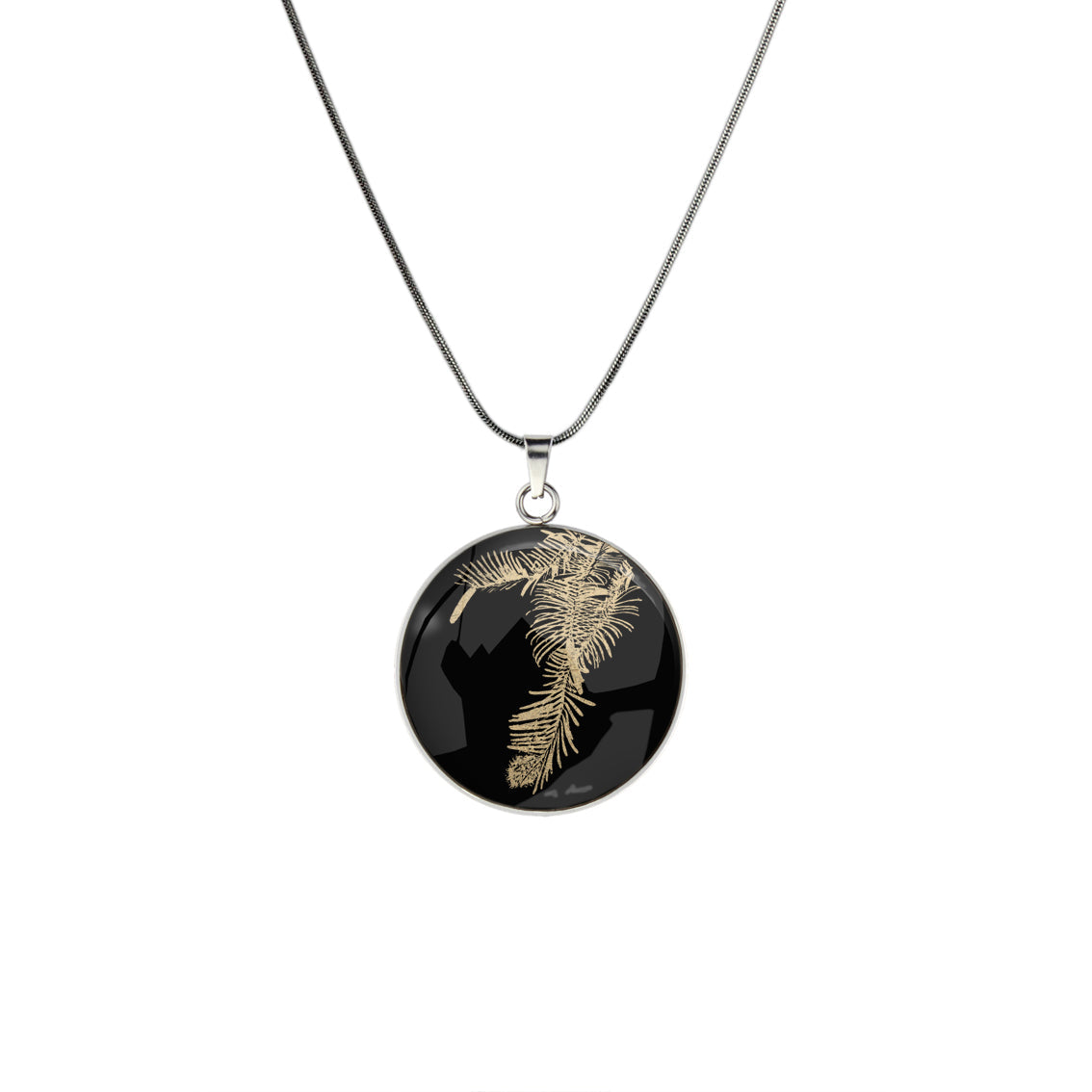 AUSTRALIAN NATIVE FLORA - WOLLEMI PINE CIRCLE PENDANT ON A CHAIN NECKLACE - D939 - in Circle Box