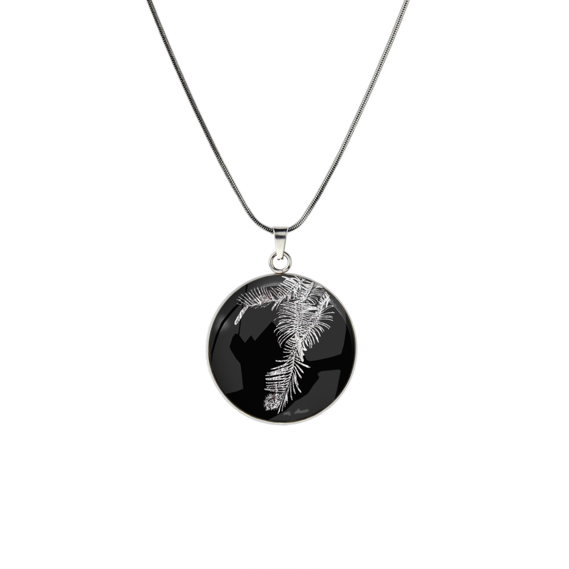 AUSTRALIAN NATIVE FLORA - WOLLEMI PINE CIRCLE PENDANT ON A CHAIN NECKLACE - D939 - in Circle Box