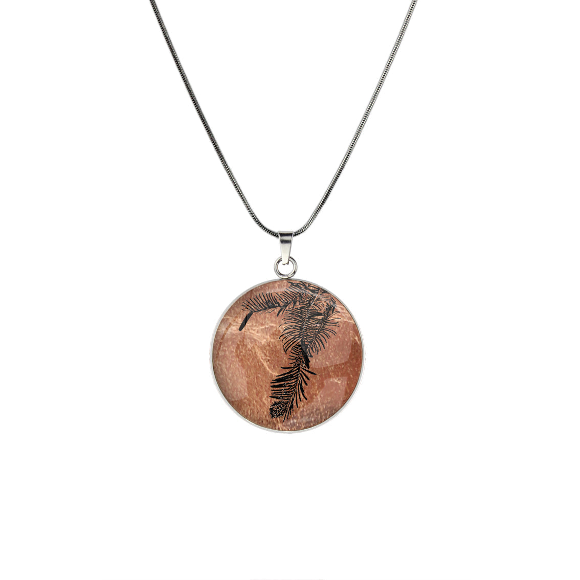 AUSTRALIAN NATIVE FLORA - WOLLEMI PINE CIRCLE PENDANT ON A CHAIN NECKLACE - D939 - in Circle Box