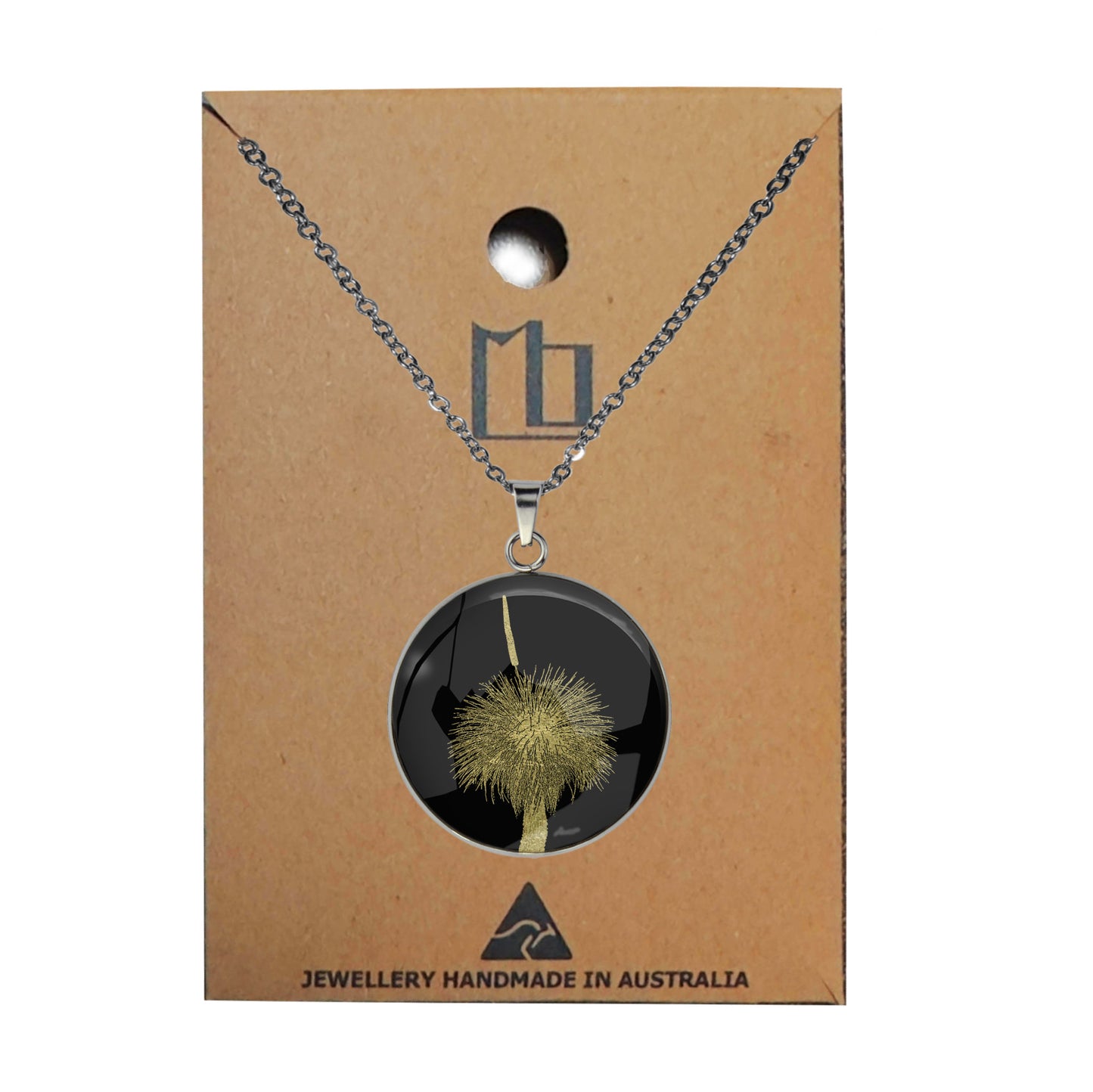 AUSTRALIAN NATIVE FLORA - GRASS TREE CIRCLE PENDANT ON A CHAIN NECKLACE - D855S - on Satchel