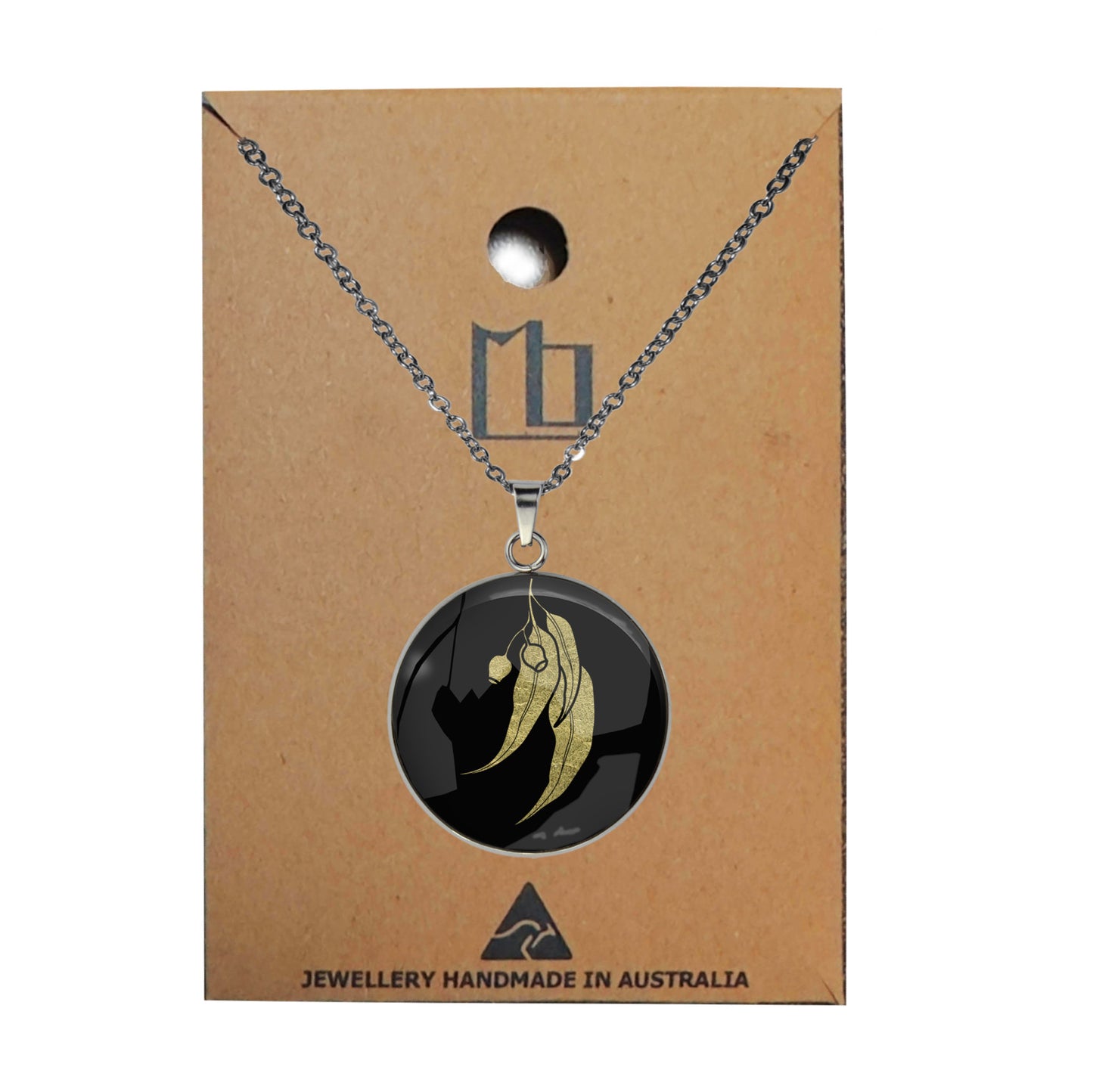 AUSTRALIAN NATIVE FLORA - EUCALYPTUS GUMNUT CIRCLE PENDANT ON A CHAIN NECKLACE - D867S - on Satchel