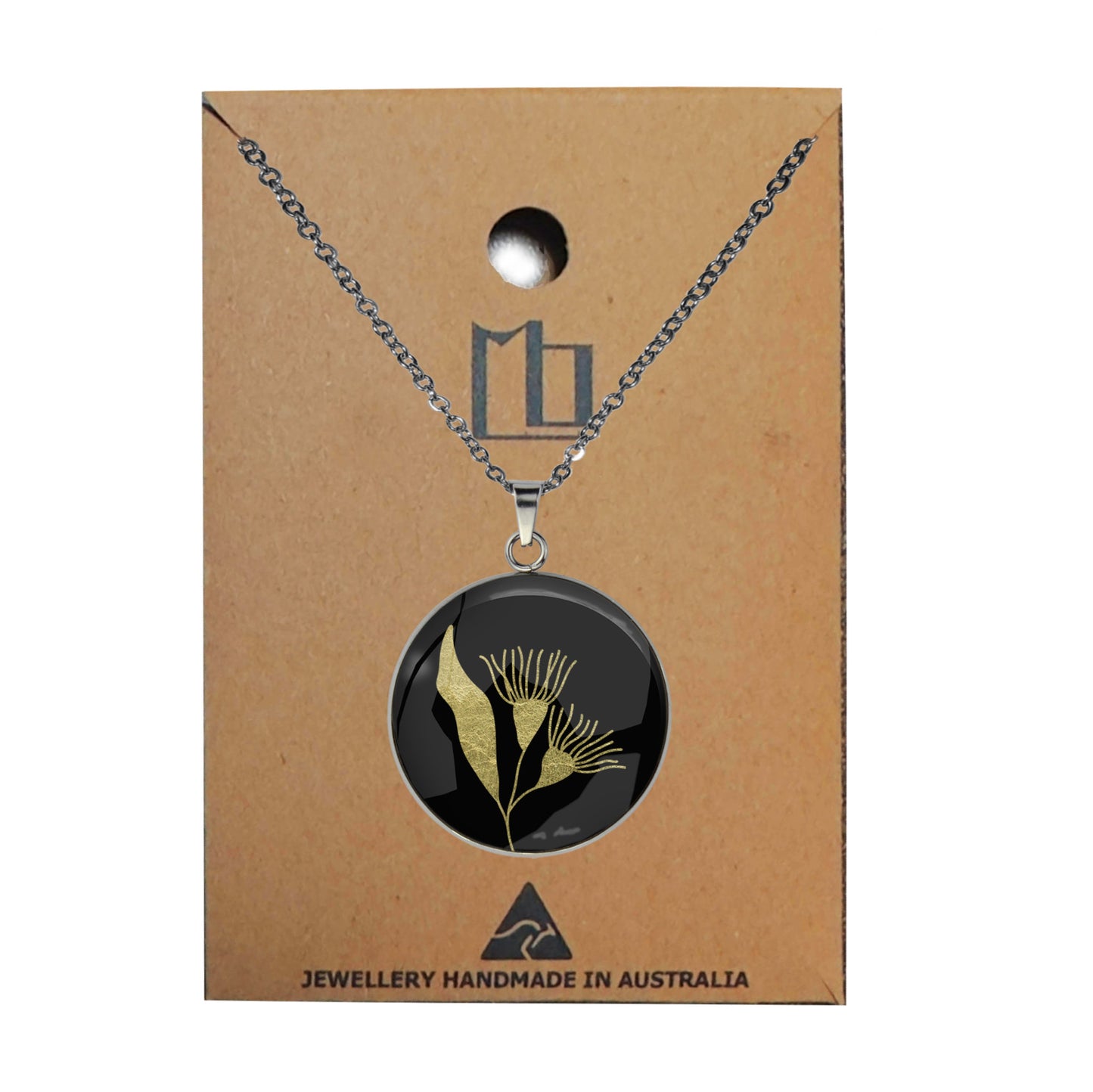 AUSTRALIAN NATIVE FLORA - EUCALYPTUS GUMTREE FLOWER CIRCLE PENDANT ON A CHAIN NECKLACE - D871S - on Satchel