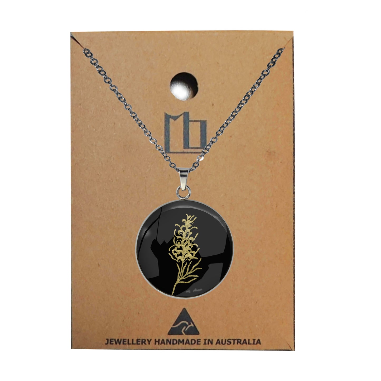 AUSTRALIAN NATIVE FLORA - GREVILLEA SPIDER FLOWER CIRCLE PENDANT ON A CHAIN NECKLACE - D879S - on Satchel
