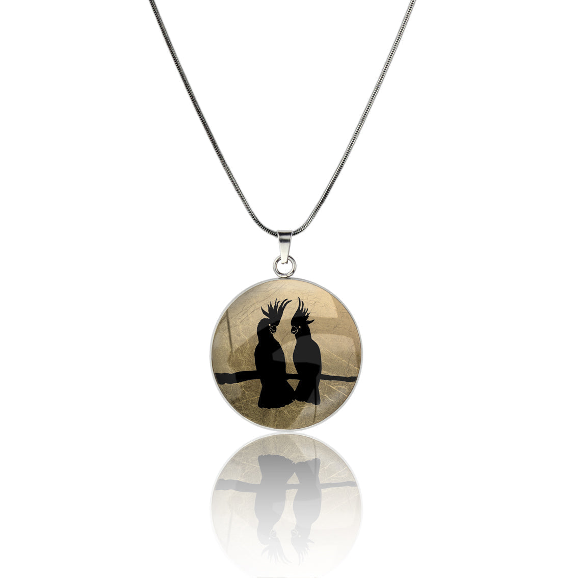 COCKATOO COUPLE CIRCLE PENDANT ON A CHAIN NECKLACE - MFY230S - on Satchel