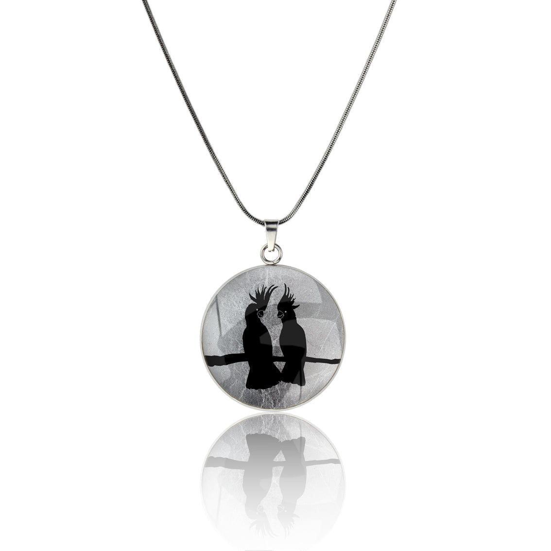 COCKATOO COUPLE CIRCLE PENDANT ON A CHAIN NECKLACE - MFY230S - on Satchel