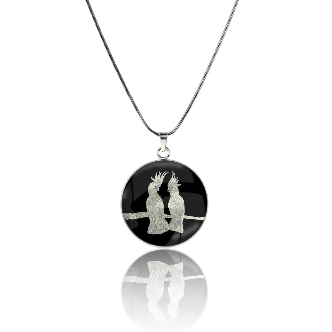 COCKATOO COUPLE CIRCLE PENDANT ON A CHAIN NECKLACE - MFY230S - on Satchel