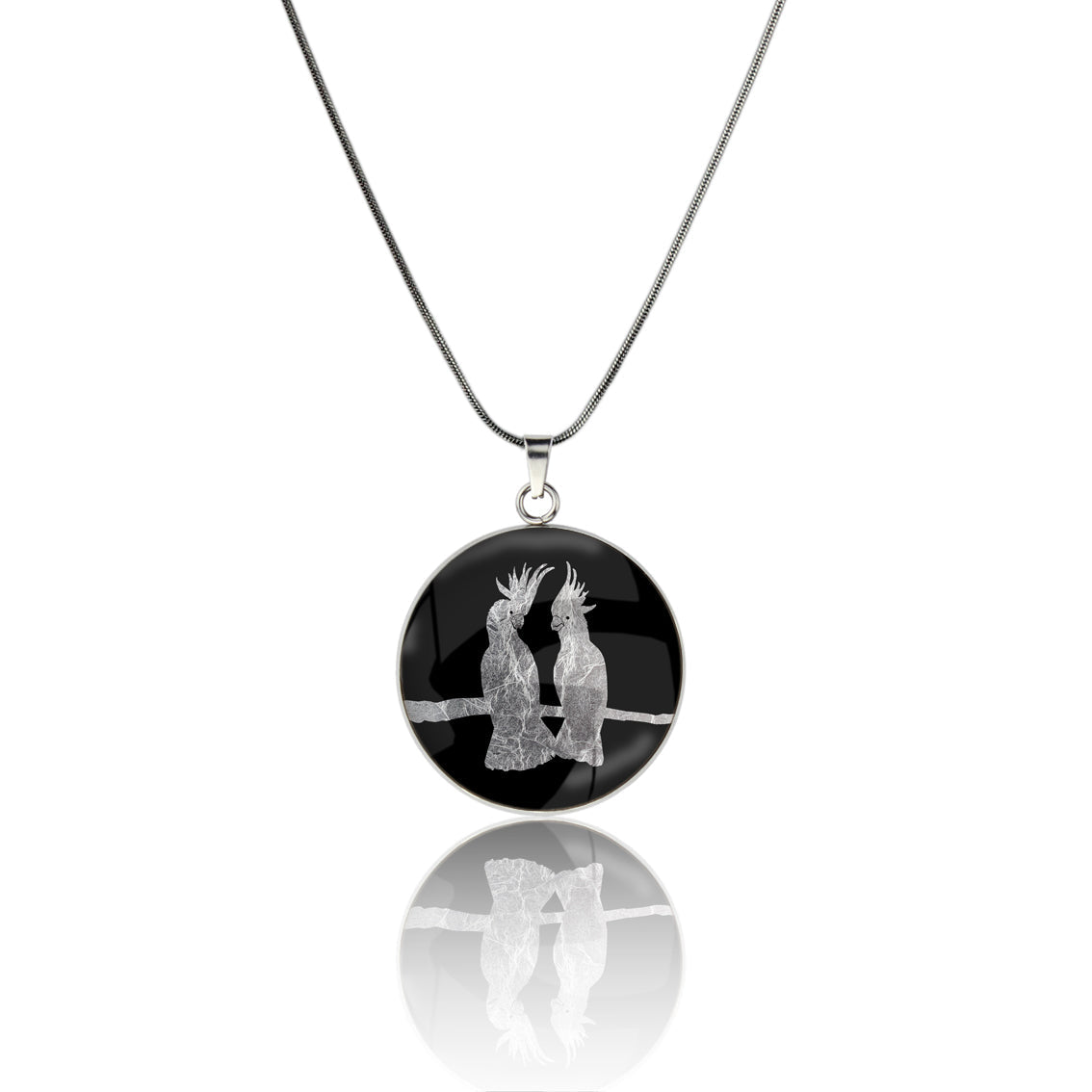 COCKATOO COUPLE CIRCLE PENDANT ON A CHAIN NECKLACE - MFY230S - on Satchel