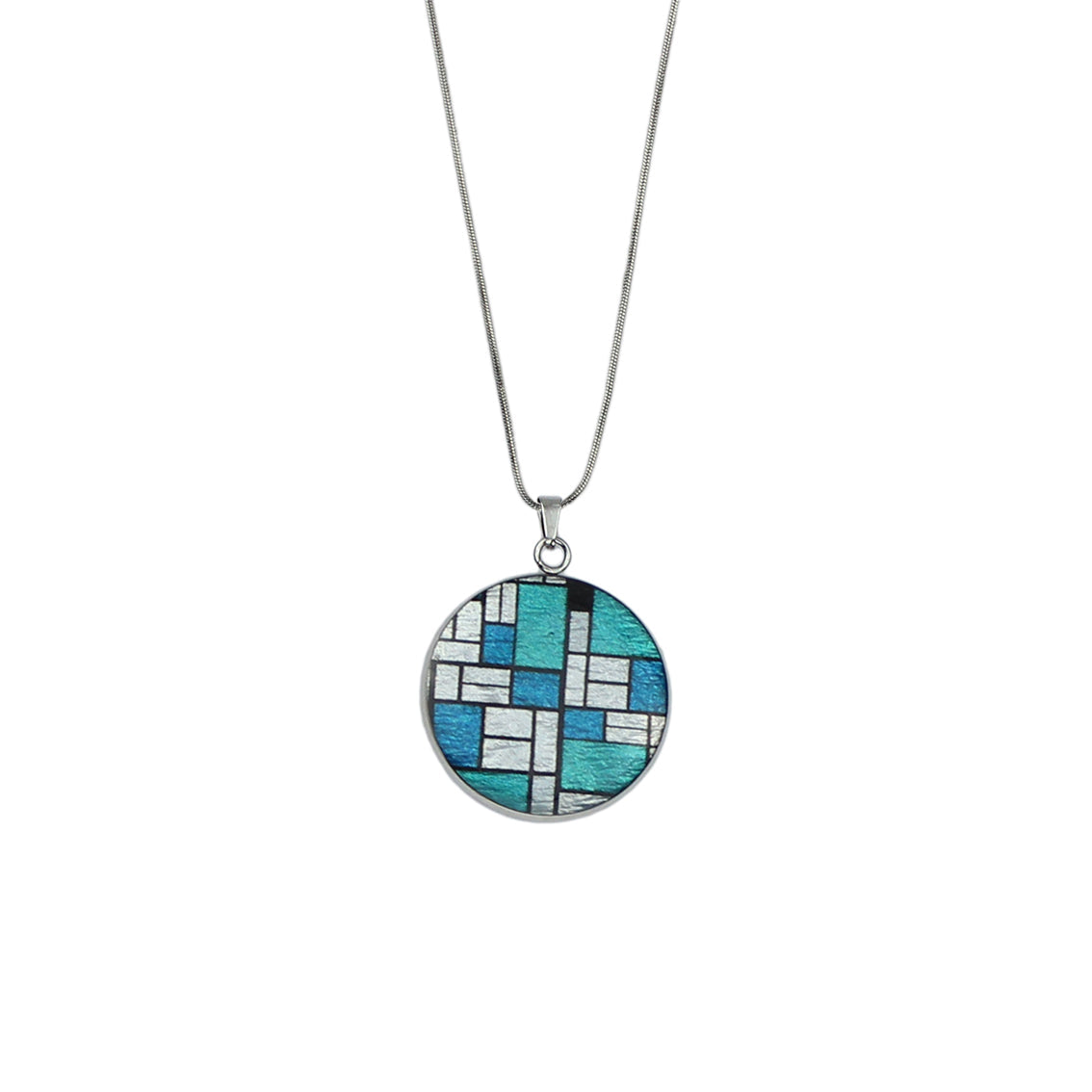 PERSPECTIVE MONDRIAN POP ART ABSTRACT CIRCLE PENDANT ON A CHAIN NECKLACE - M171 - in Circle Box