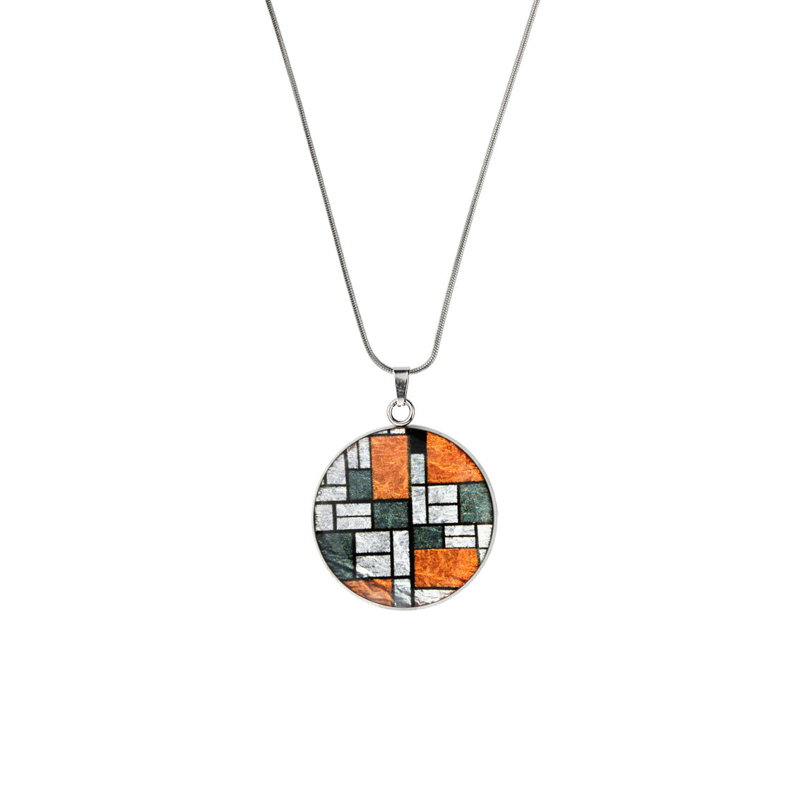 PERSPECTIVE MONDRIAN POP ART ABSTRACT CIRCLE PENDANT ON A CHAIN NECKLACE - M171S - on Satchel