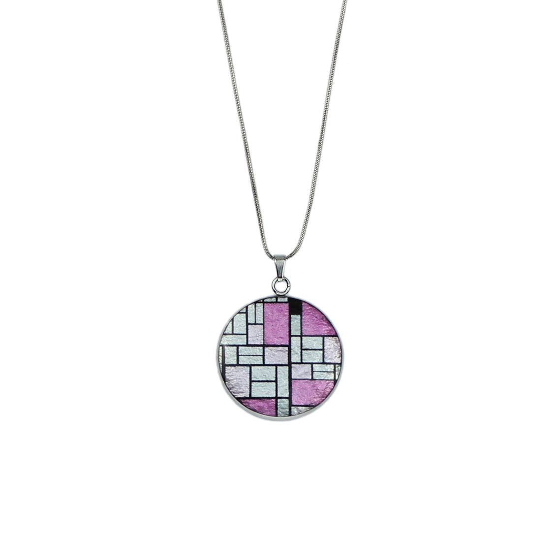 PERSPECTIVE MONDRIAN POP ART ABSTRACT CIRCLE PENDANT ON A CHAIN NECKLACE - M171S - on Satchel