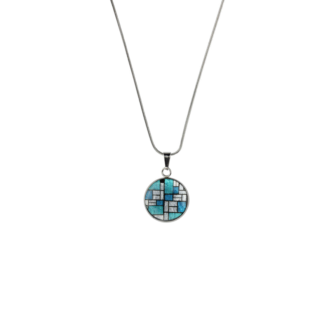 PERSPECTIVE MONDRIAN POP ART ABSTRACT XS CIRCLE PENDANT ON A CHAIN NECKLACE - M065S - on Satchel