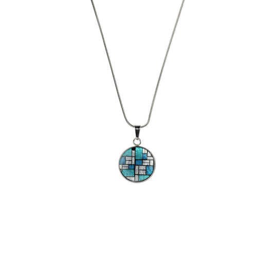 PERSPECTIVE MONDRIAN POP ART ABSTRACT XS CIRCLE PENDANT ON A CHAIN NECKLACE - M065S - on Satchel