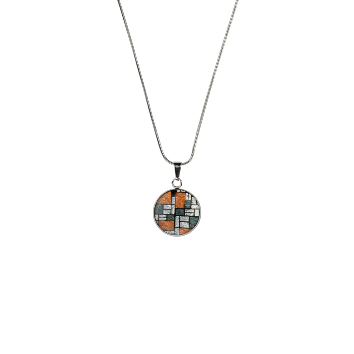 PERSPECTIVE MONDRIAN POP ART ABSTRACT XS CIRCLE PENDANT ON A CHAIN NECKLACE - M065S - on Satchel