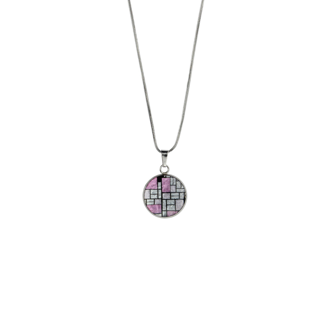 PERSPECTIVE MONDRIAN POP ART ABSTRACT XS CIRCLE PENDANT ON A CHAIN NECKLACE - M065S - on Satchel