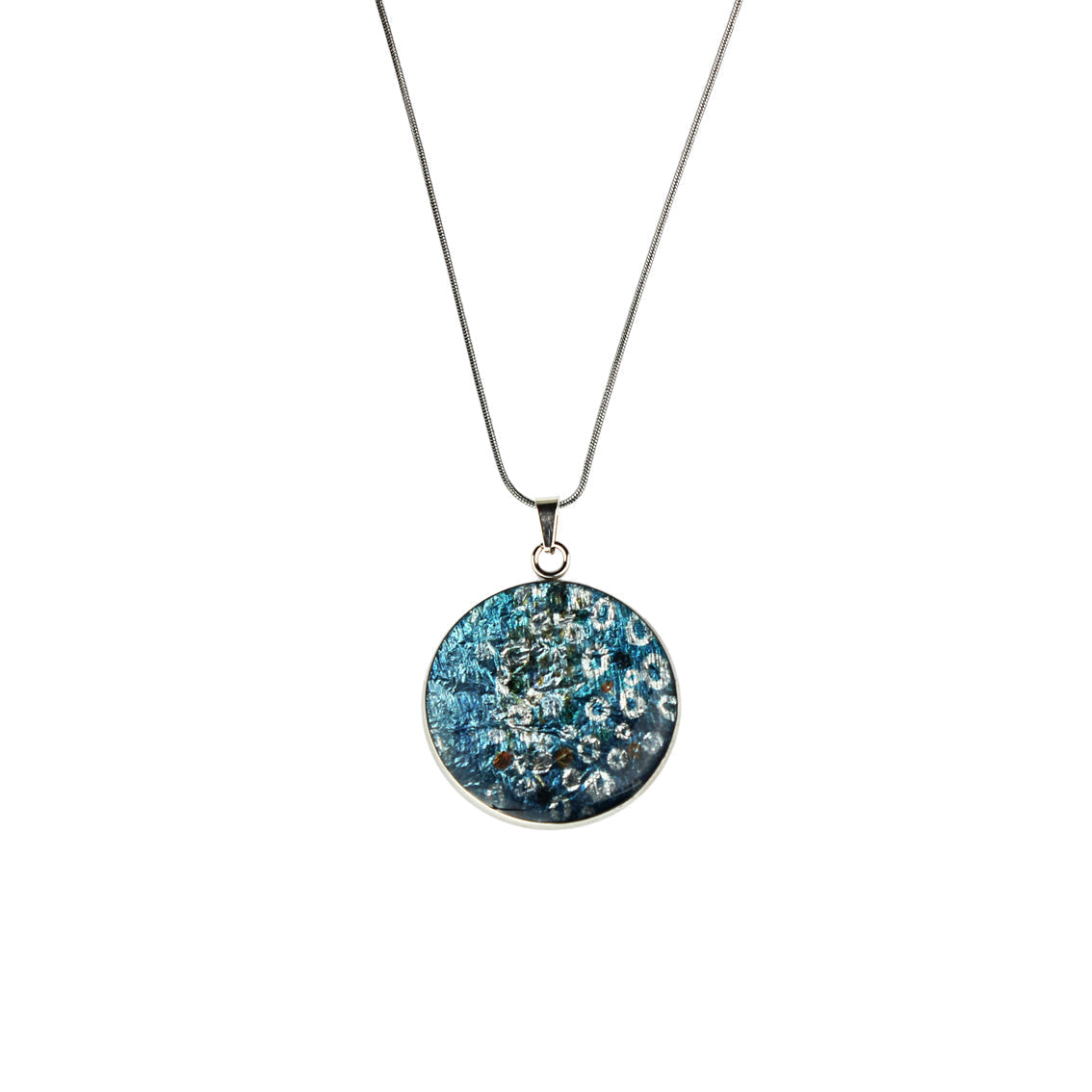 BRUSH BLUE CIRCLE PENDANT ON A CHAIN NECKLACE - SD158 - in Circle Box