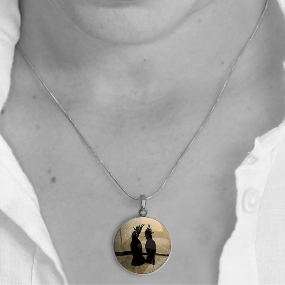 COCKATOO COUPLE CIRCLE PENDANT ON A CHAIN NECKLACE - MFY230S - on Satchel