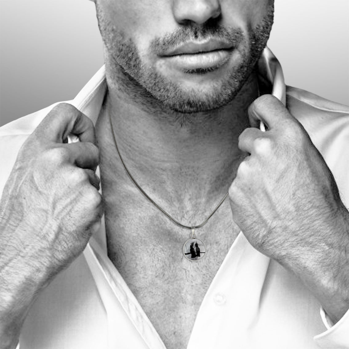 COCKATOO COUPLE XS CIRCLE PENDANT ON A CHAIN NECKLACE - MFY229S - on Satchel