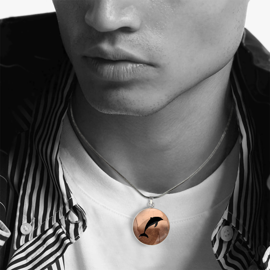 DOLPHIN CIRCLE PENDANT ON A CHAIN NECKLACE - MFY159S - on Satchel